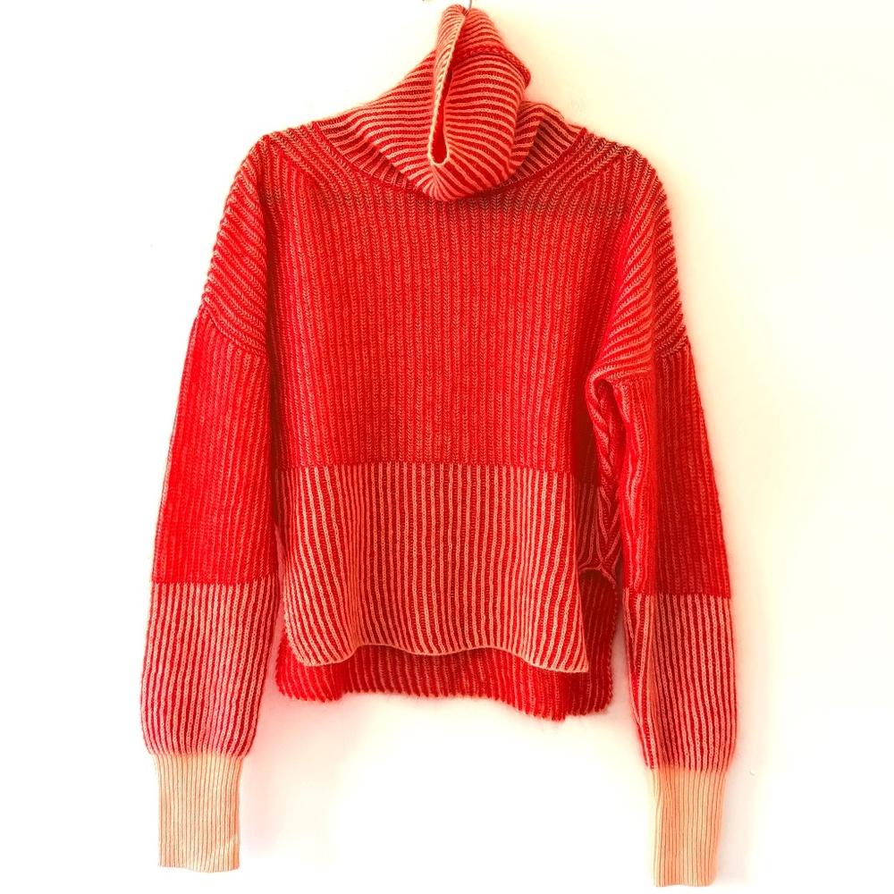 Humanoid Wool Mohair Funnel Neck Ribbed Sweater Lightweight Tomato Red NWOT Soft